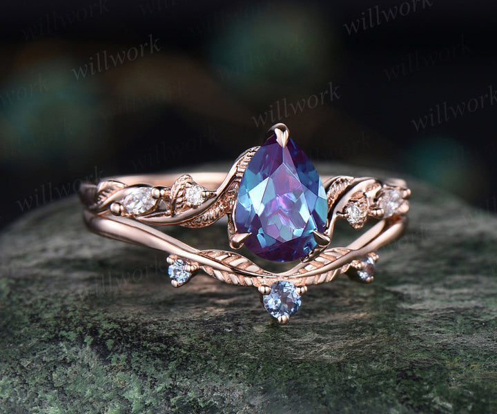Teardrop alexandrite engagement ring set nature inspired leaf twig pear cut color change gemstone ring art deco wedding band bridal ring set