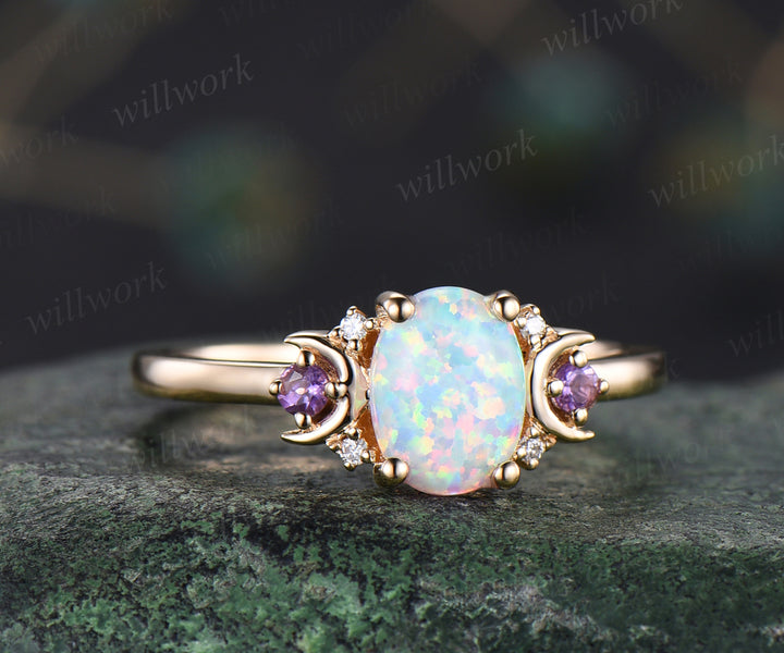 Oval white opal engagement ring retro moon amethyst moissanite deco ring 14k yellow gold unique crescent promise ring October birthstone jewelry gifts