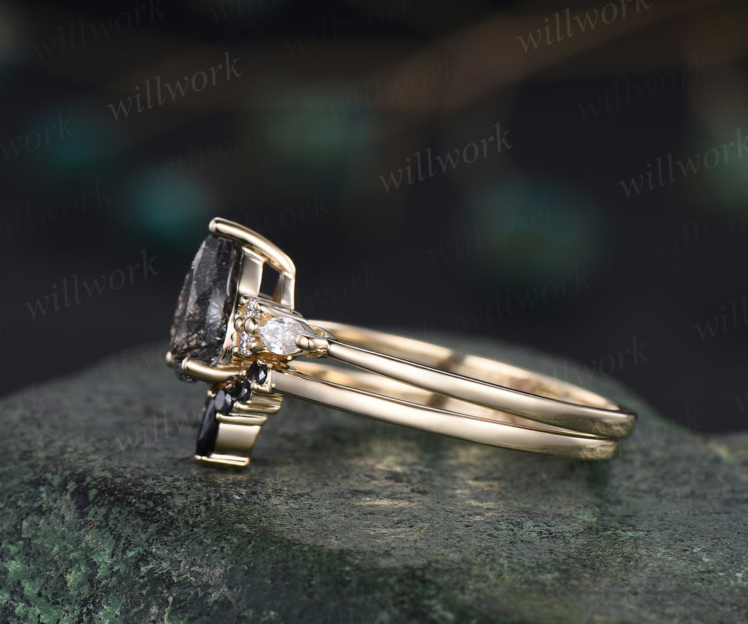 6x8mm teardrop shape black rutilated quartz engagement ring set black spinel curved wedding band 7 stones ring for women bridal set gifts for women