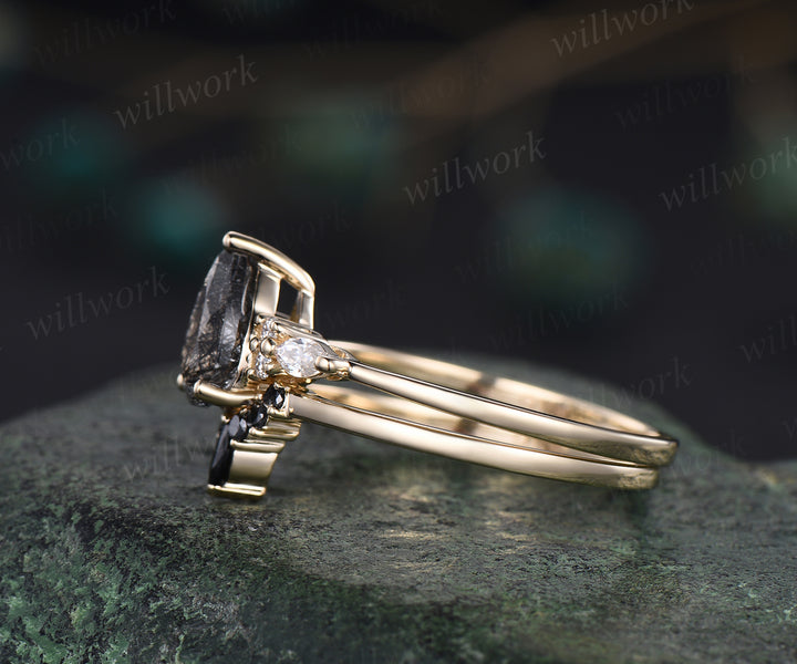 6x8mm teardrop shape black rutilated quartz engagement ring set black spinel curved wedding band 7 stones ring for women bridal set gifts for women