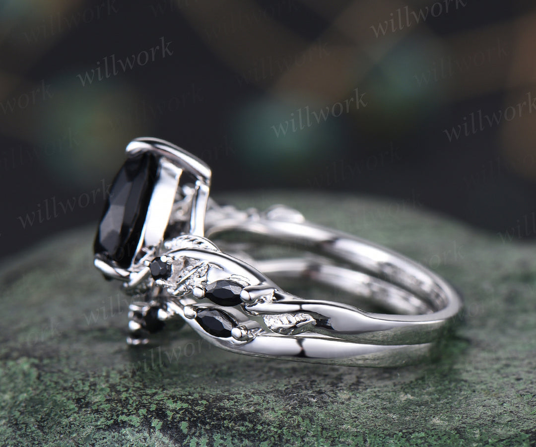 Unique black Onyx engagement ring set vintage pear black onyx leaf ring art deco black spinel wedding band bridal set gifts for women