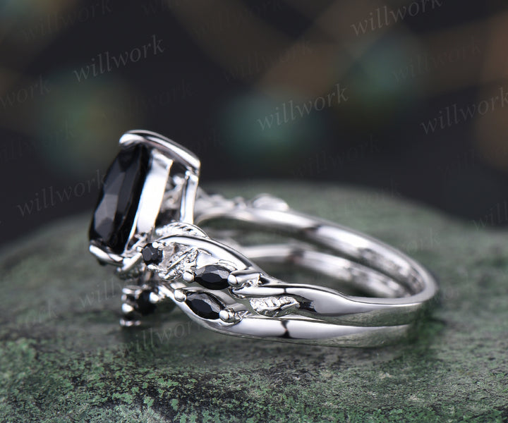 Unique black Onyx engagement ring set vintage pear black onyx leaf ring art deco black spinel wedding band bridal set gifts for women