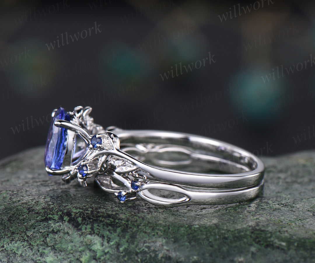 Nature inspired tanzanite engagement ring set oval cut blue tanzanite leaf twig ring branch sapphires wedding band bridal set promise ring for her