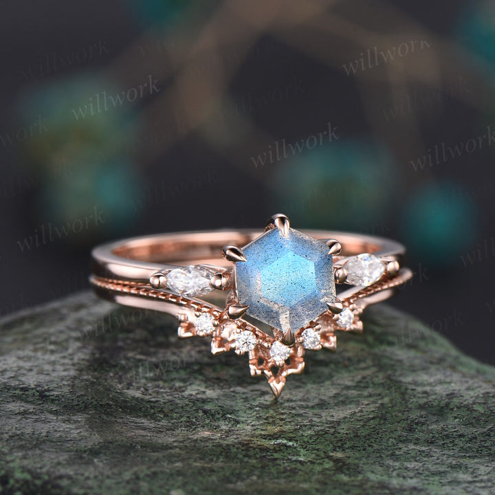 6x6mm Hexagon blue labradorite engagement ring set unique deco marquise moissanite diamond ring milgrain moissanite wedding band ring set
