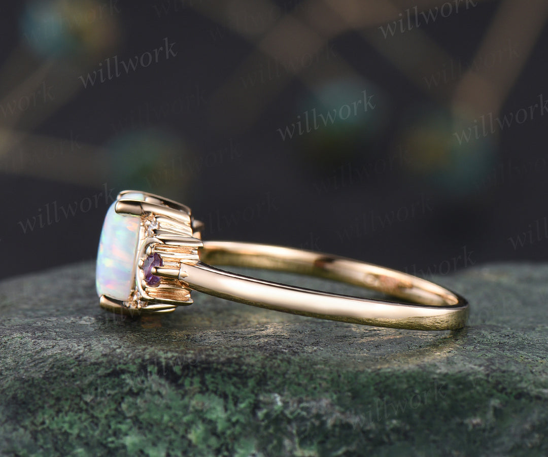Oval white opal engagement ring retro moon amethyst moissanite deco ring 14k yellow gold unique crescent promise ring October birthstone jewelry gifts