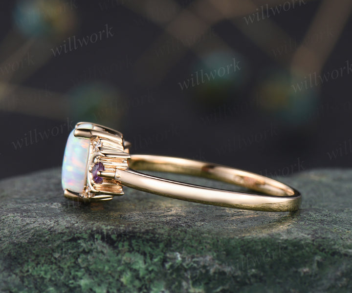Oval white opal engagement ring retro moon amethyst moissanite deco ring 14k yellow gold unique crescent promise ring October birthstone jewelry gifts