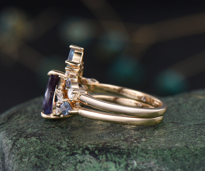 Teardrop Alexandrite engagement ring set cluster moissaanite kite alexandrite ring art deco crown wedding band June birthstone ring bridal wedding set