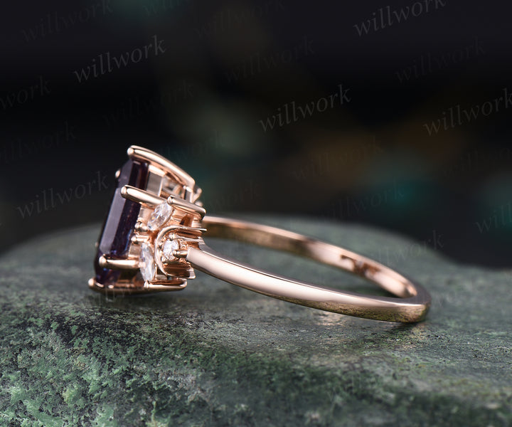 Hexagon cut alexandrite engagement ring unique art deco moissanite ring moon 14k rose gold 7 stones ring June birthstone proposal wedding ring for women