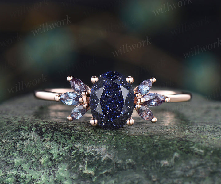 Oval cut blue sandstone engagement ring cluster alexandrite ring unique 14k rose gold 7 stones ring for women bridal gifts