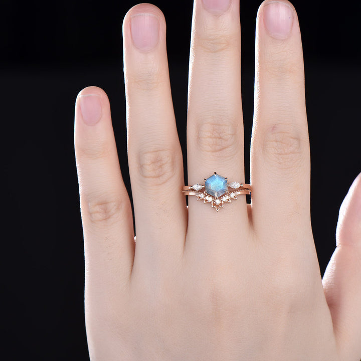 6x6mm Hexagon blue labradorite engagement ring set unique deco marquise moissanite diamond ring milgrain moissanite wedding band ring set