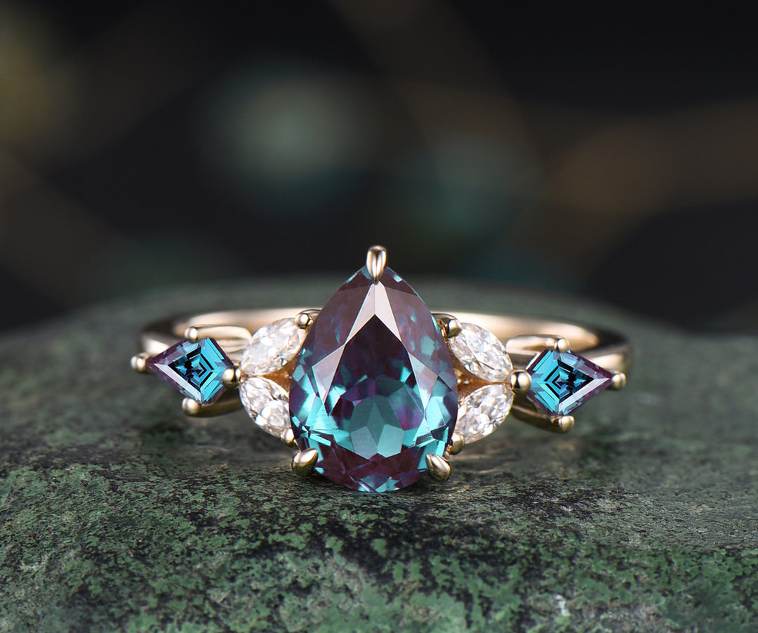 Teardrop Alexandrite engagement ring set cluster moissaanite kite alexandrite ring art deco crown wedding band June birthstone ring bridal wedding set