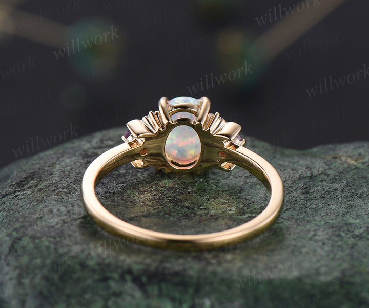 Oval white opal engagement ring retro moon amethyst moissanite deco ring 14k yellow gold unique crescent promise ring October birthstone jewelry gifts