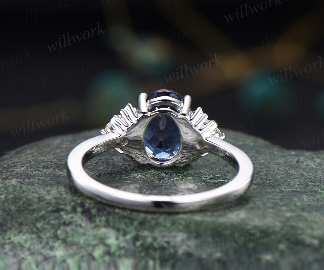 1.5ct oval cut Alexandrite engagement ring unique deco moon ring crescent nature inspired ring June birthstone promise anniversary ring for women