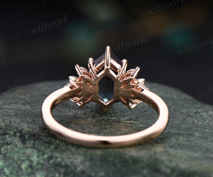 Hexagon cut alexandrite engagement ring unique art deco moissanite ring moon 14k rose gold 7 stones ring June birthstone proposal wedding ring for women