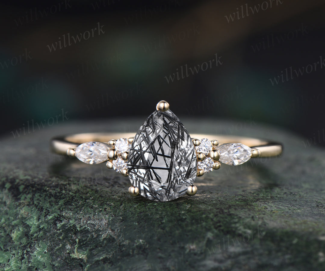 6x8mm teardrop shape black rutilated quartz engagement ring set black spinel curved wedding band 7 stones ring for women bridal set gifts for women