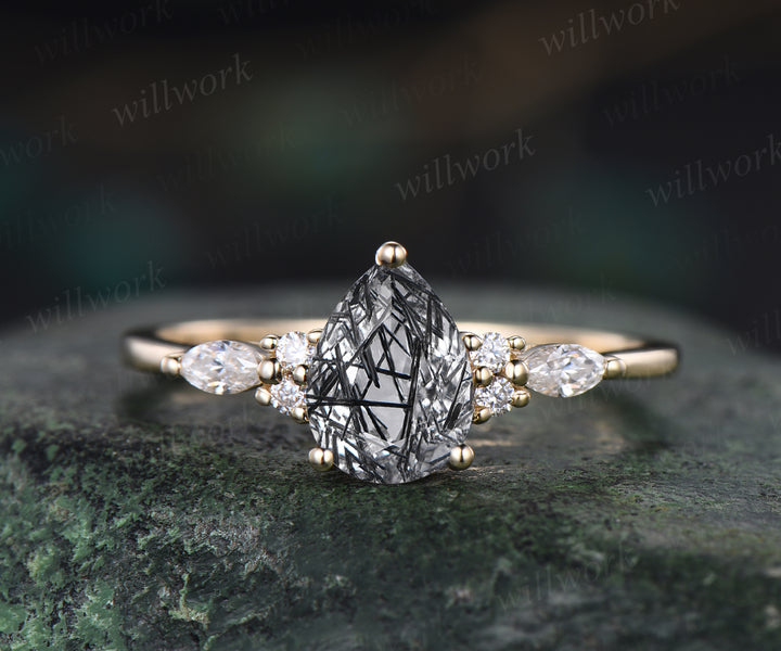6x8mm teardrop shape black rutilated quartz engagement ring set black spinel curved wedding band 7 stones ring for women bridal set gifts for women