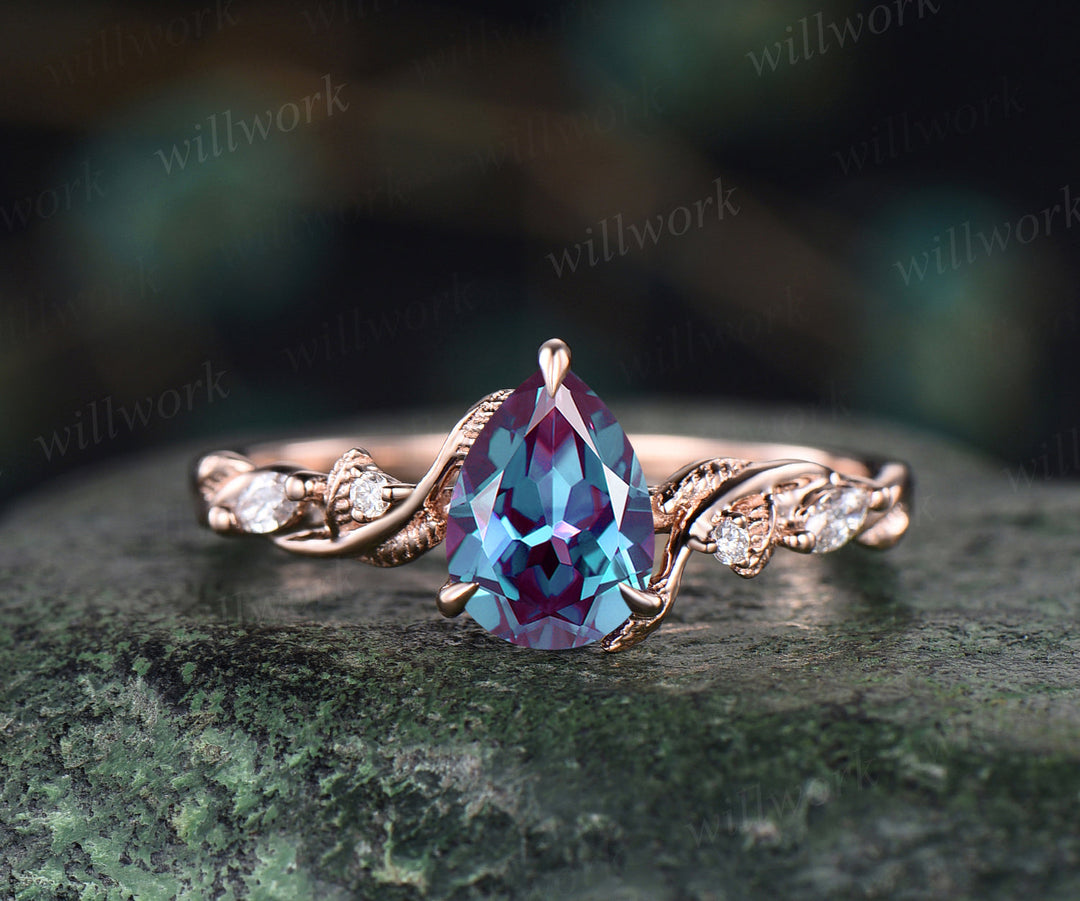 Teardrop alexandrite engagement ring set nature inspired leaf twig pear cut color change gemstone ring art deco wedding band bridal ring set