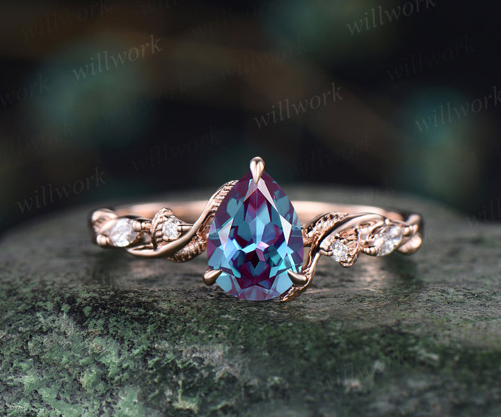 Teardrop alexandrite engagement ring set nature inspired leaf twig pear cut color change gemstone ring art deco wedding band bridal ring set