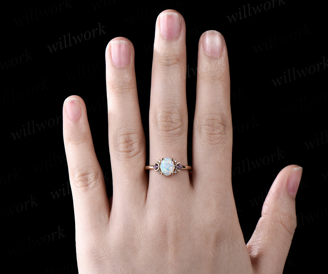 Oval white opal engagement ring retro moon amethyst moissanite deco ring 14k yellow gold unique crescent promise ring October birthstone jewelry gifts