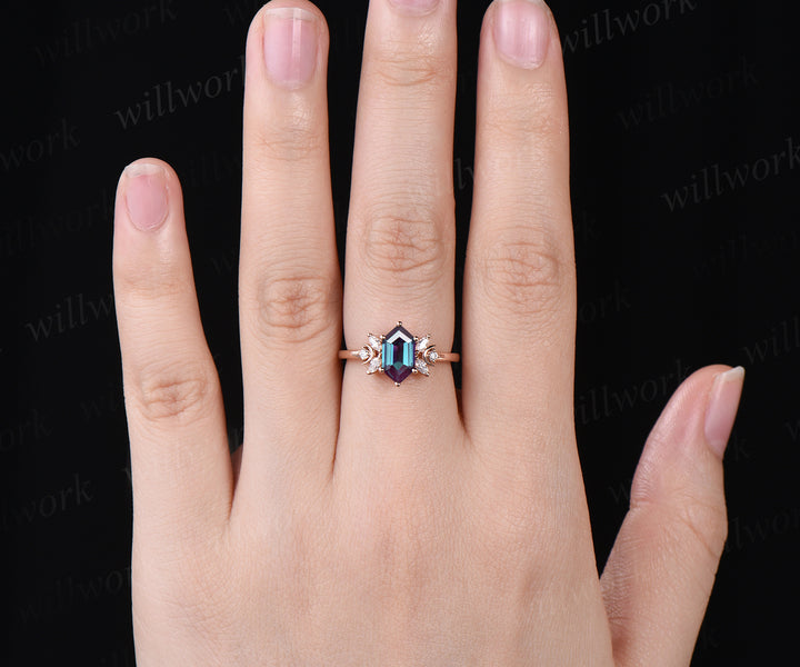 Hexagon cut alexandrite engagement ring unique art deco moissanite ring moon 14k rose gold 7 stones ring June birthstone proposal wedding ring for women