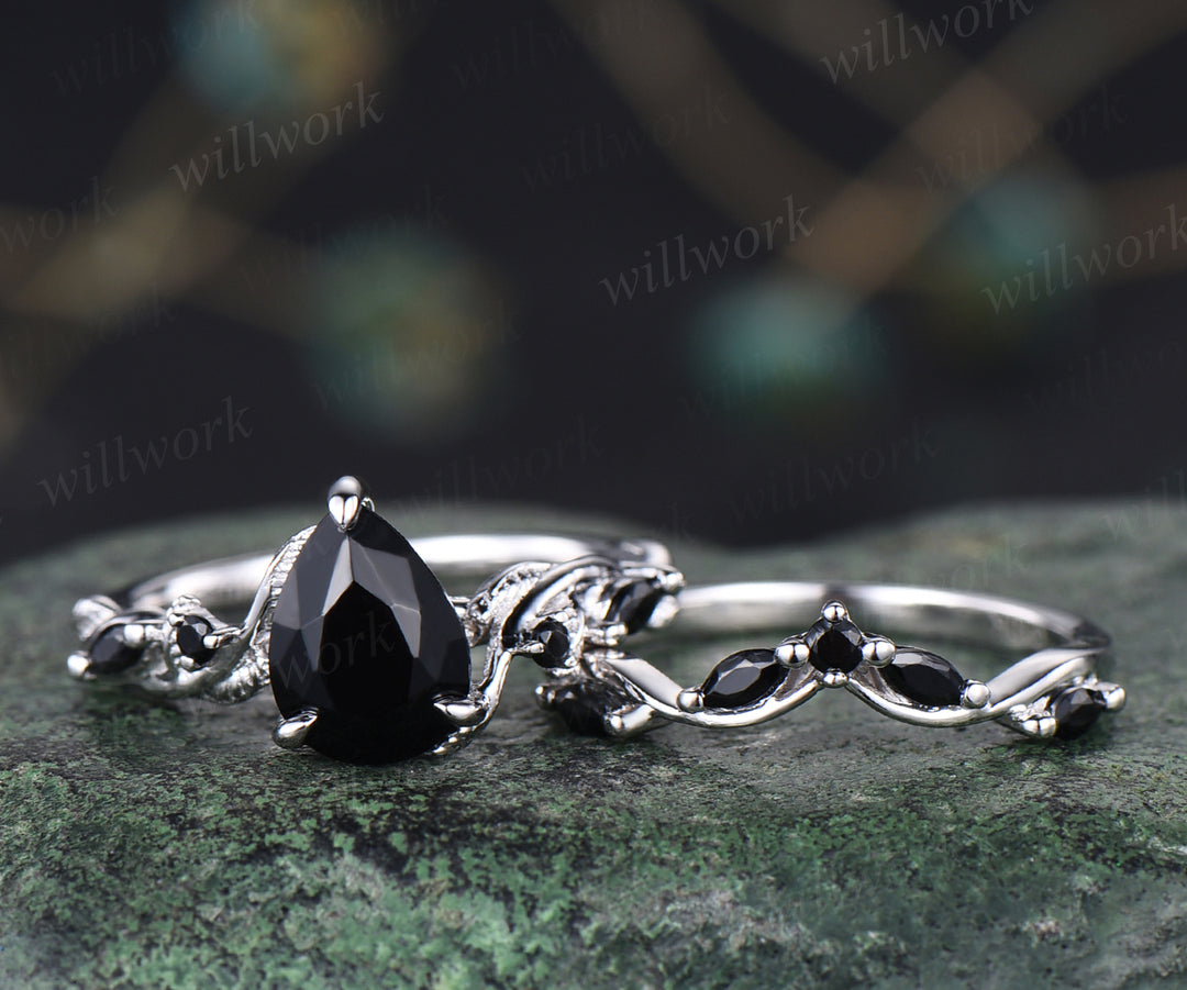 Unique black Onyx engagement ring set vintage pear black onyx leaf ring art deco black spinel wedding band bridal set gifts for women