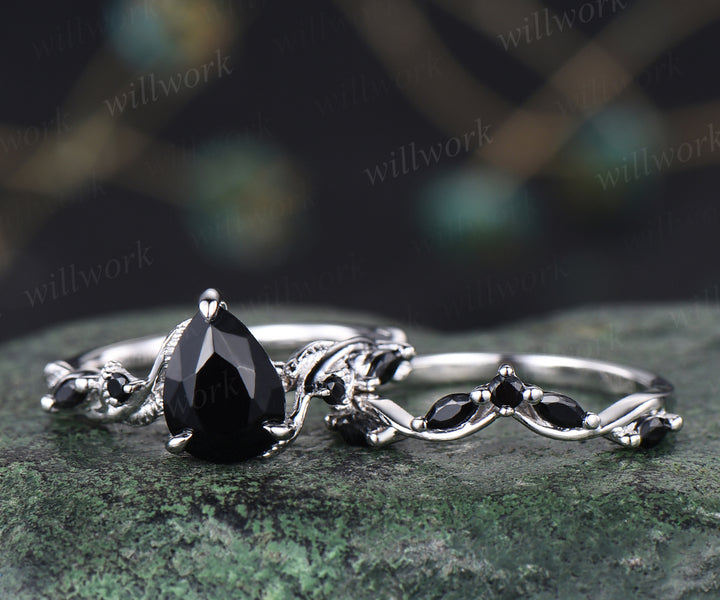 Unique black Onyx engagement ring set vintage pear black onyx leaf ring art deco black spinel wedding band bridal set gifts for women