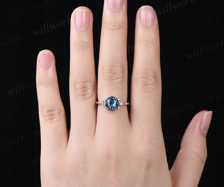 1.5ct oval cut Alexandrite engagement ring unique deco moon ring crescent nature inspired ring June birthstone promise anniversary ring for women