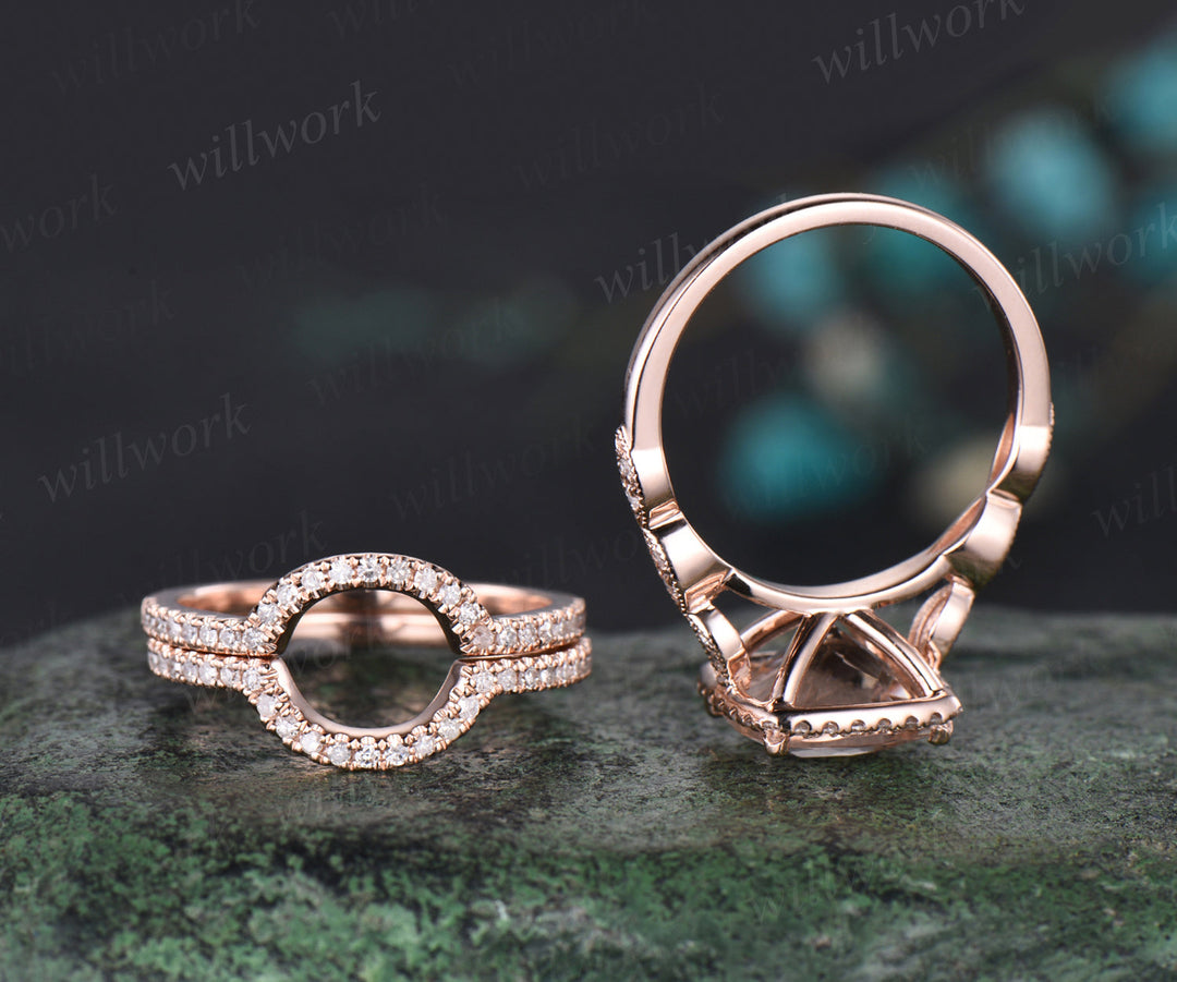 Milgrain Cushion Cut Natural Aquamarine Engagement Ring Set Vintage Moissanite Halo Half Eternity Wedding Ring Antique 14k Rose Gold 3pcs Bridal Ring Set