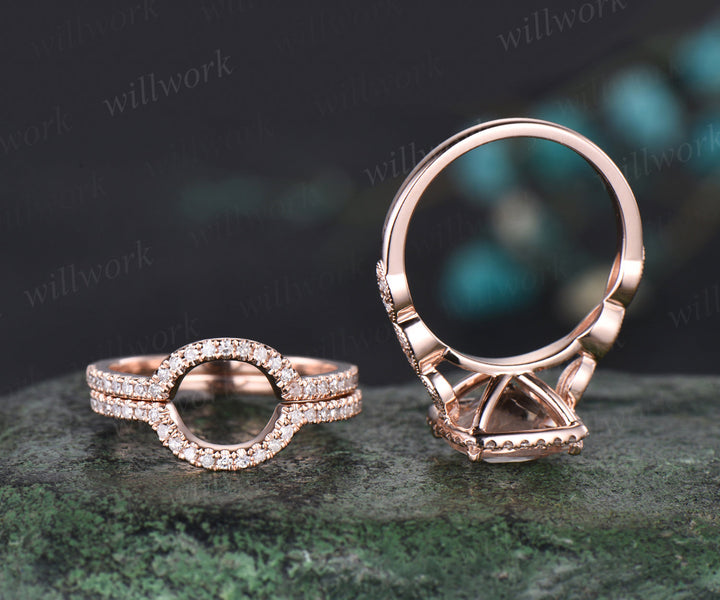 Milgrain Cushion Cut Natural Aquamarine Engagement Ring Set Vintage Moissanite Halo Half Eternity Wedding Ring Antique 14k Rose Gold 3pcs Bridal Ring Set