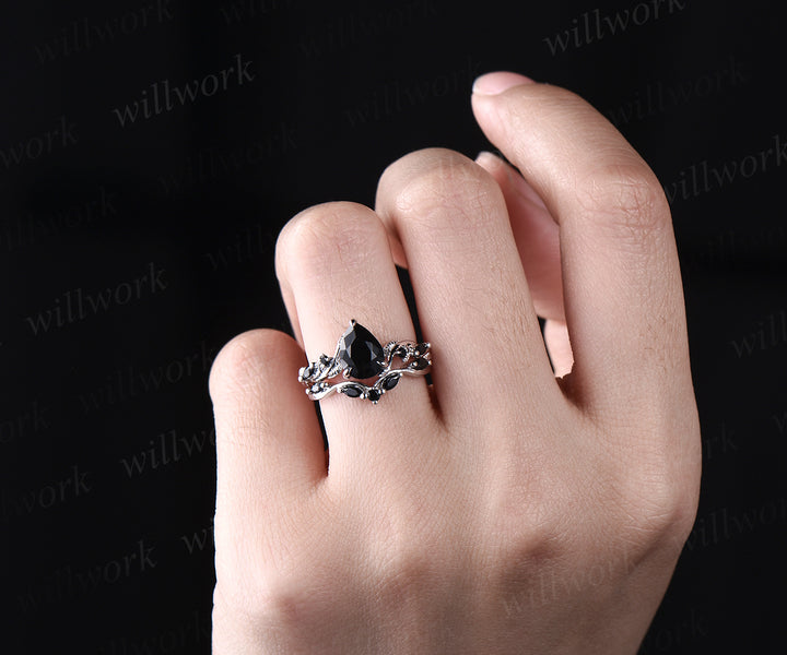 Unique black Onyx engagement ring set vintage pear black onyx leaf ring art deco black spinel wedding band bridal set gifts for women