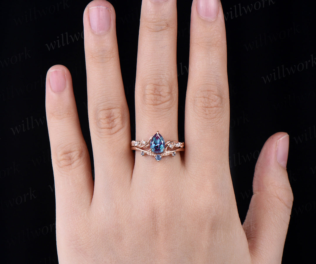 Teardrop alexandrite engagement ring set nature inspired leaf twig pear cut color change gemstone ring art deco wedding band bridal ring set