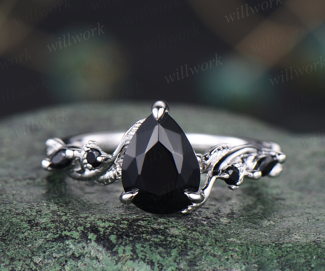 Unique black Onyx engagement ring set vintage pear black onyx leaf ring art deco black spinel wedding band bridal set gifts for women
