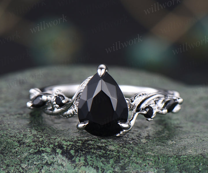 Unique black Onyx engagement ring set vintage pear black onyx leaf ring art deco black spinel wedding band bridal set gifts for women