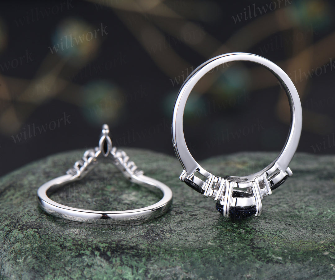 Vintage blue sandstone engagement ring set unique Galaxy blue gem ring curved moissanites wedding band bridal wedding set anniversary gifts