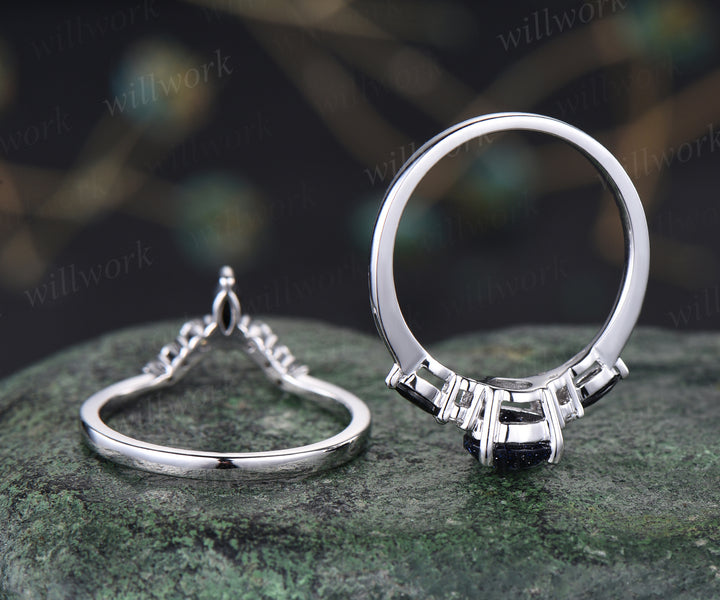 Vintage blue sandstone engagement ring set unique Galaxy blue gem ring curved moissanites wedding band bridal wedding set anniversary gifts