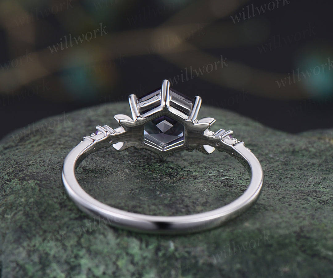Unique hexagon shape alexandrite engagement ring deco moon amethysts ring color change gem wedding ring birthday anniversary gifts