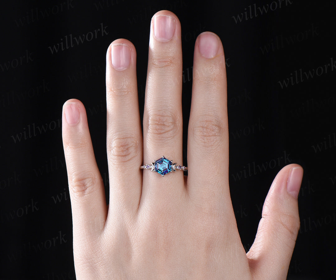 Unique hexagon shape alexandrite engagement ring deco moon amethysts ring color change gem wedding ring birthday anniversary gifts
