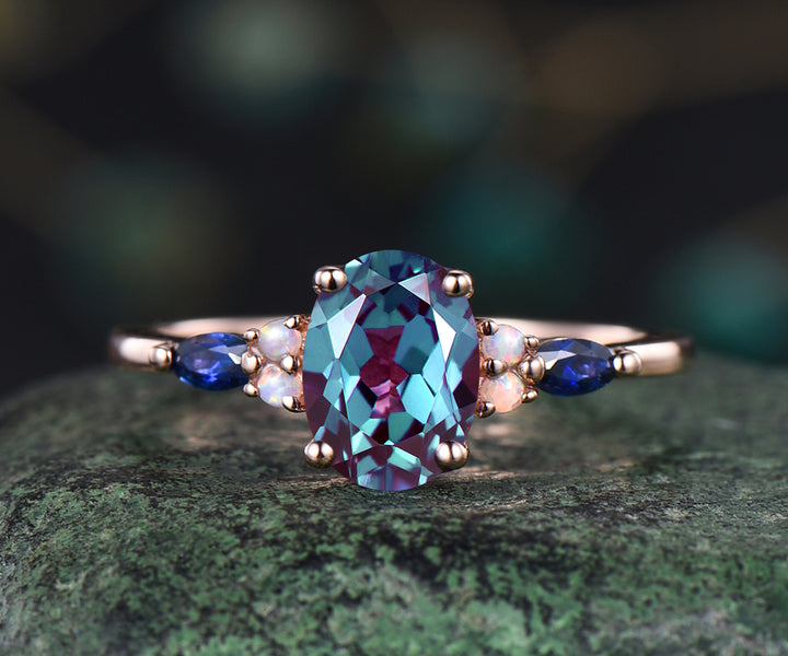 Vintage oval Alexandrite engagement ring set opal sapphire ring curved marquise opal wedding band 14k rose gold bridal set anniversary gifts