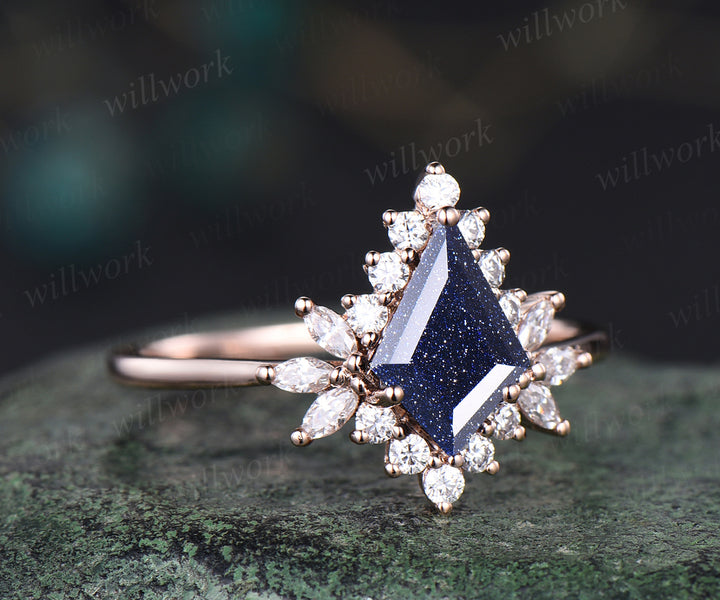 Unique kite cut blue sandstone engagement ring art deco moissanites halo ring Galaxy stone promise ring 14k rose gold bridal ring gifts for women
