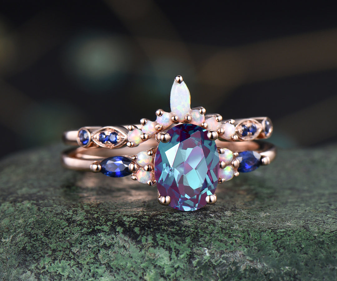 Vintage oval Alexandrite engagement ring set opal sapphire ring curved marquise opal wedding band 14k rose gold bridal set anniversary gifts