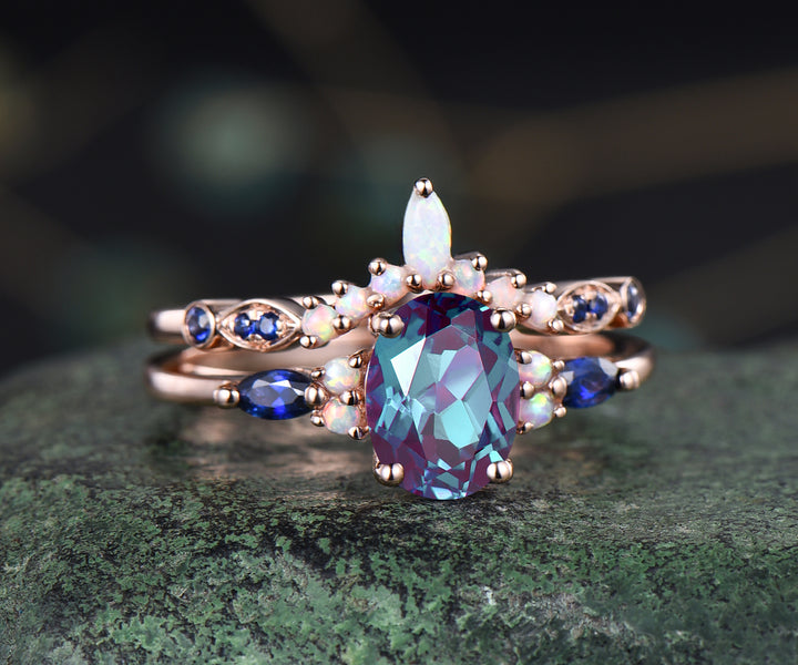 Vintage oval Alexandrite engagement ring set opal sapphire ring curved marquise opal wedding band 14k rose gold bridal set anniversary gifts