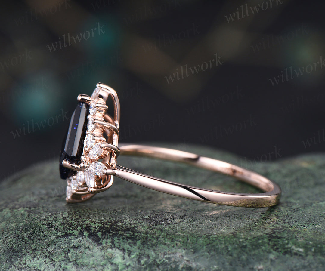 Unique kite cut blue sandstone engagement ring art deco moissanites halo ring Galaxy stone promise ring 14k rose gold bridal ring gifts for women