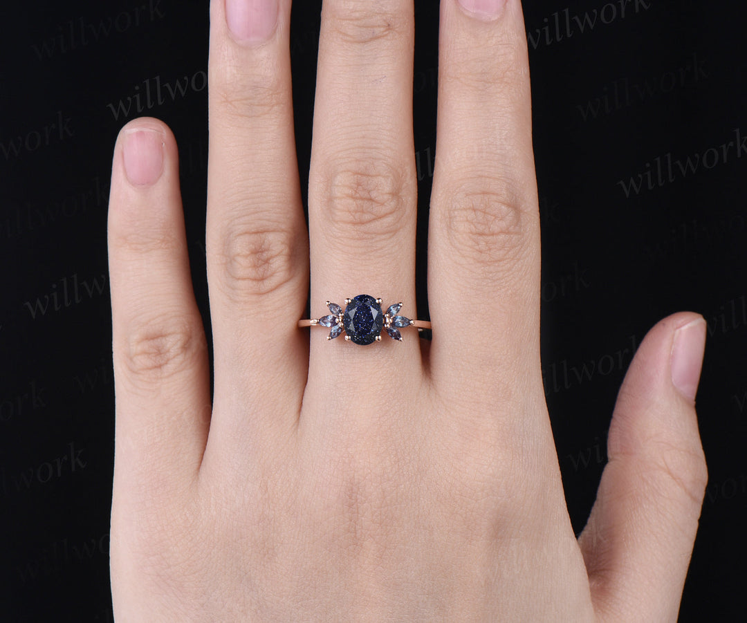 Oval cut blue sandstone engagement ring cluster alexandrite ring unique 14k rose gold 7 stones ring for women bridal gifts