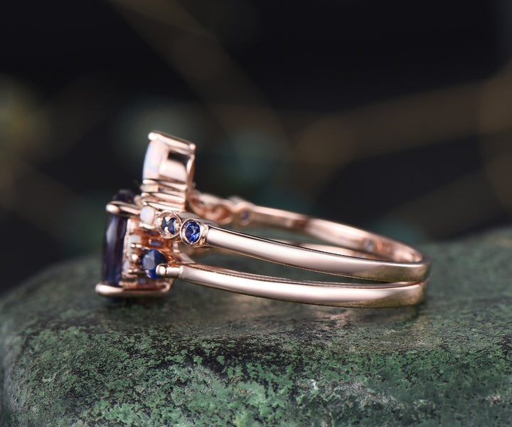 Vintage oval Alexandrite engagement ring set opal sapphire ring curved marquise opal wedding band 14k rose gold bridal set anniversary gifts