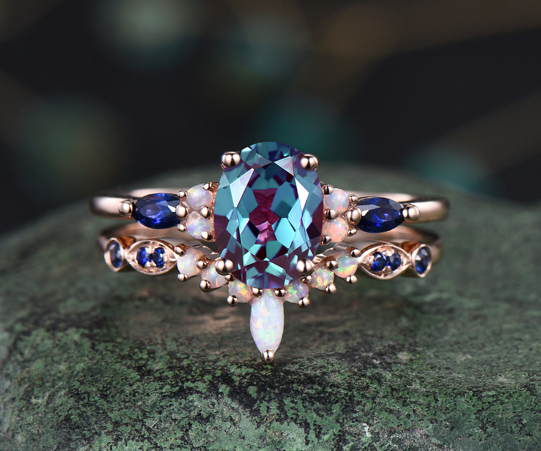 Vintage oval Alexandrite engagement ring set opal sapphire ring curved marquise opal wedding band 14k rose gold bridal set anniversary gifts