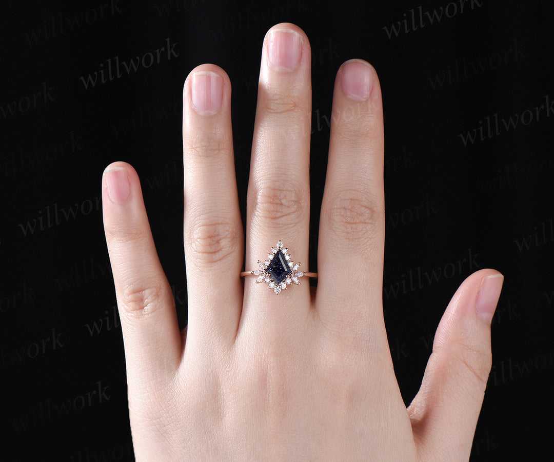 Unique kite cut blue sandstone engagement ring art deco moissanites halo ring Galaxy stone promise ring 14k rose gold bridal ring gifts for women
