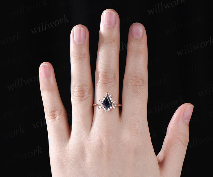 Unique kite cut blue sandstone engagement ring art deco moissanites halo ring Galaxy stone promise ring 14k rose gold bridal ring gifts for women