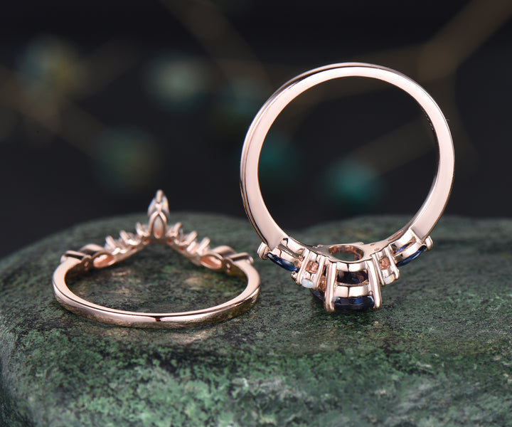 Vintage oval Alexandrite engagement ring set opal sapphire ring curved marquise opal wedding band 14k rose gold bridal set anniversary gifts