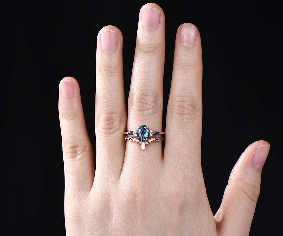 Vintage oval Alexandrite engagement ring set opal sapphire ring curved marquise opal wedding band 14k rose gold bridal set anniversary gifts