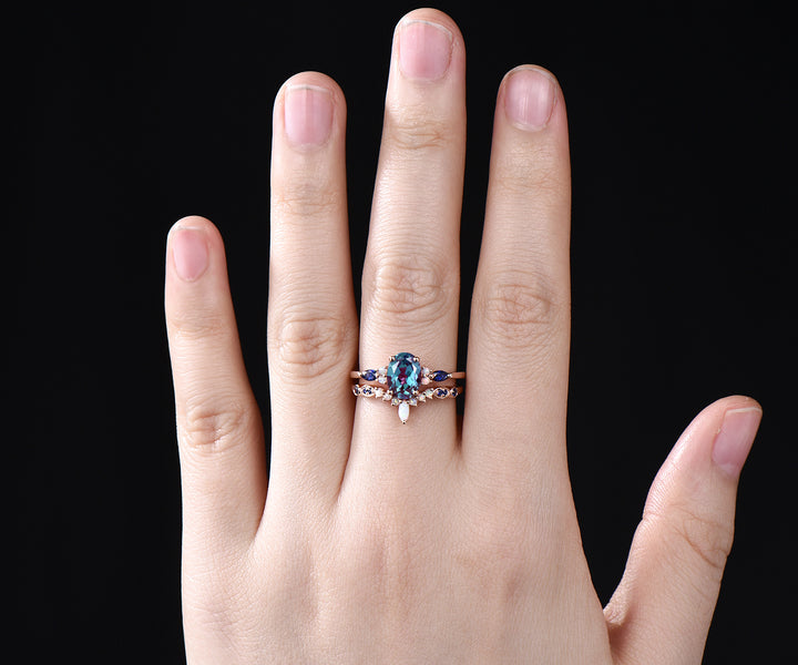 Vintage oval Alexandrite engagement ring set opal sapphire ring curved marquise opal wedding band 14k rose gold bridal set anniversary gifts